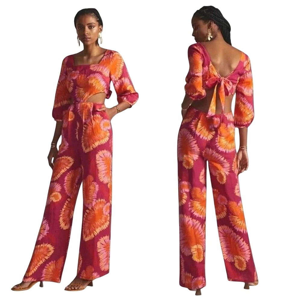 Farm Rio Anthropologie Tie Back Jumpsuit M Pink Orange Boho Linen Resort Wear